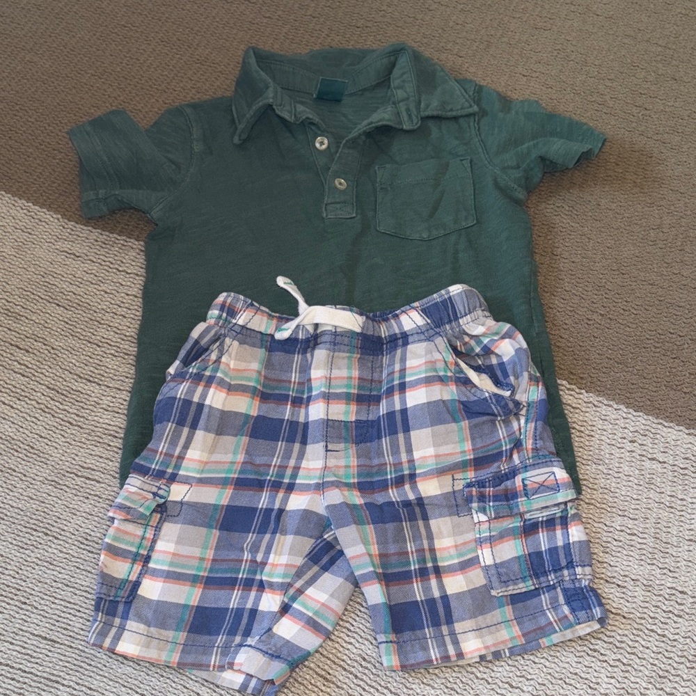 Carter's Green Polo Shirt with coordinating Plaid Shorts